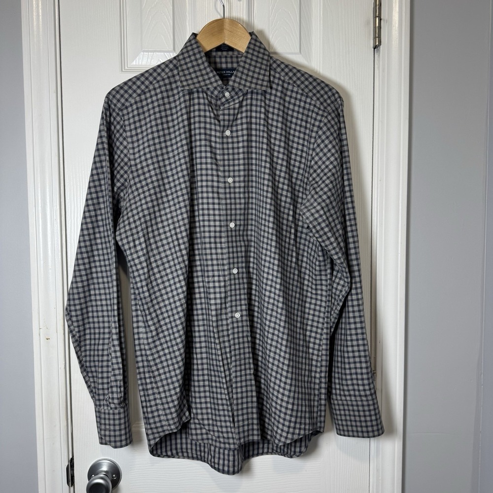 Peter Millar Collection Men's Large Casual Button Up Dress Shirt Plaid Gray Blue